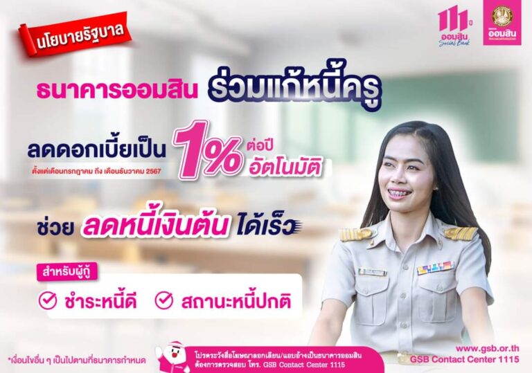 “ออมสิน” ขานรับนโยบายรัฐบาล เร่งช่วยลดภาระหนี้ครู ขับเคลื่อนแก้หนี้อย่างยั่งยืน ประกาศลดดอกเบี้ยกลุ่มครูผ่อนดีเป็น 1% ต่อปี เป็นเวลา 6 เดือน เริ่ม ก.ค. นี้